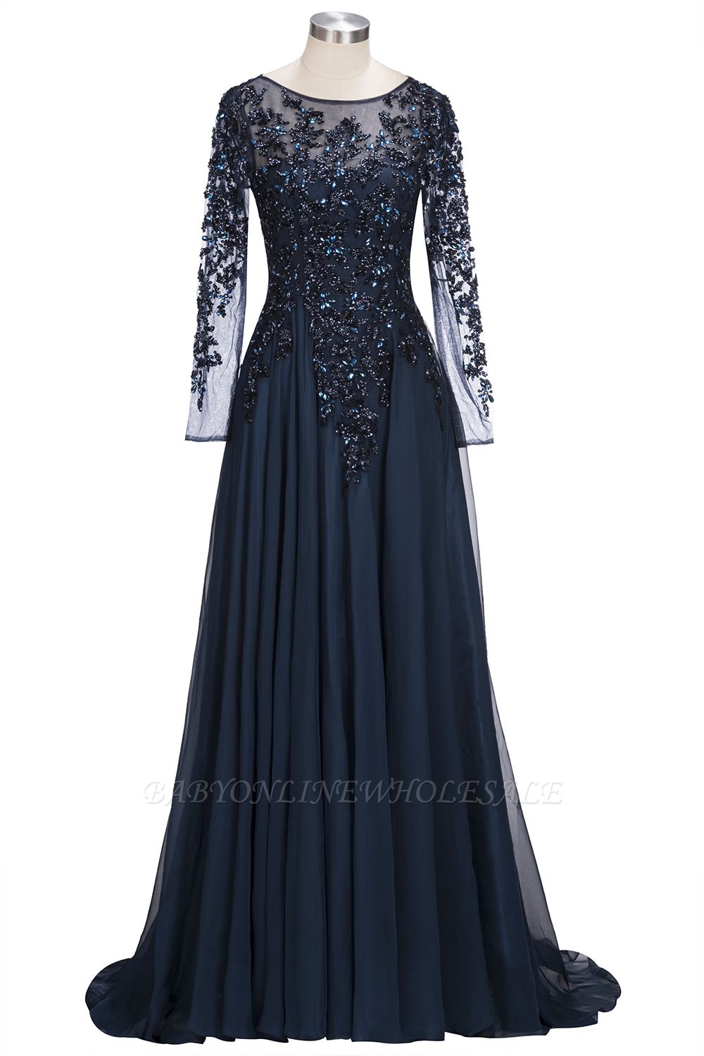 ROWENA | A-line длиной до пола Длинные рукава Кристаллы Tulle Пром платья