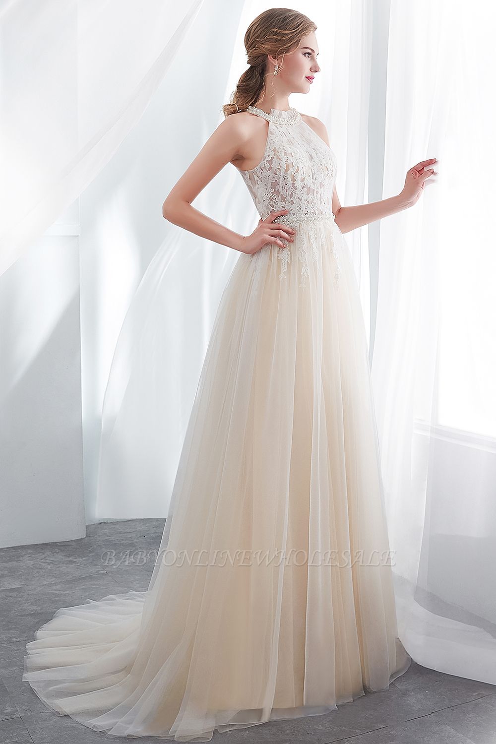 NATALIA | A-line Halter Floor Length Appliqued Tulle Evening Dresses ...