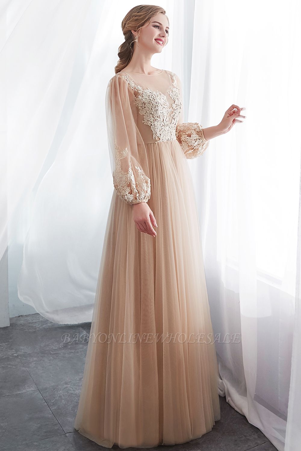 NATALIE | A-line Long Sleeves Appliques Tulle Champagne Evening Dresses ...
