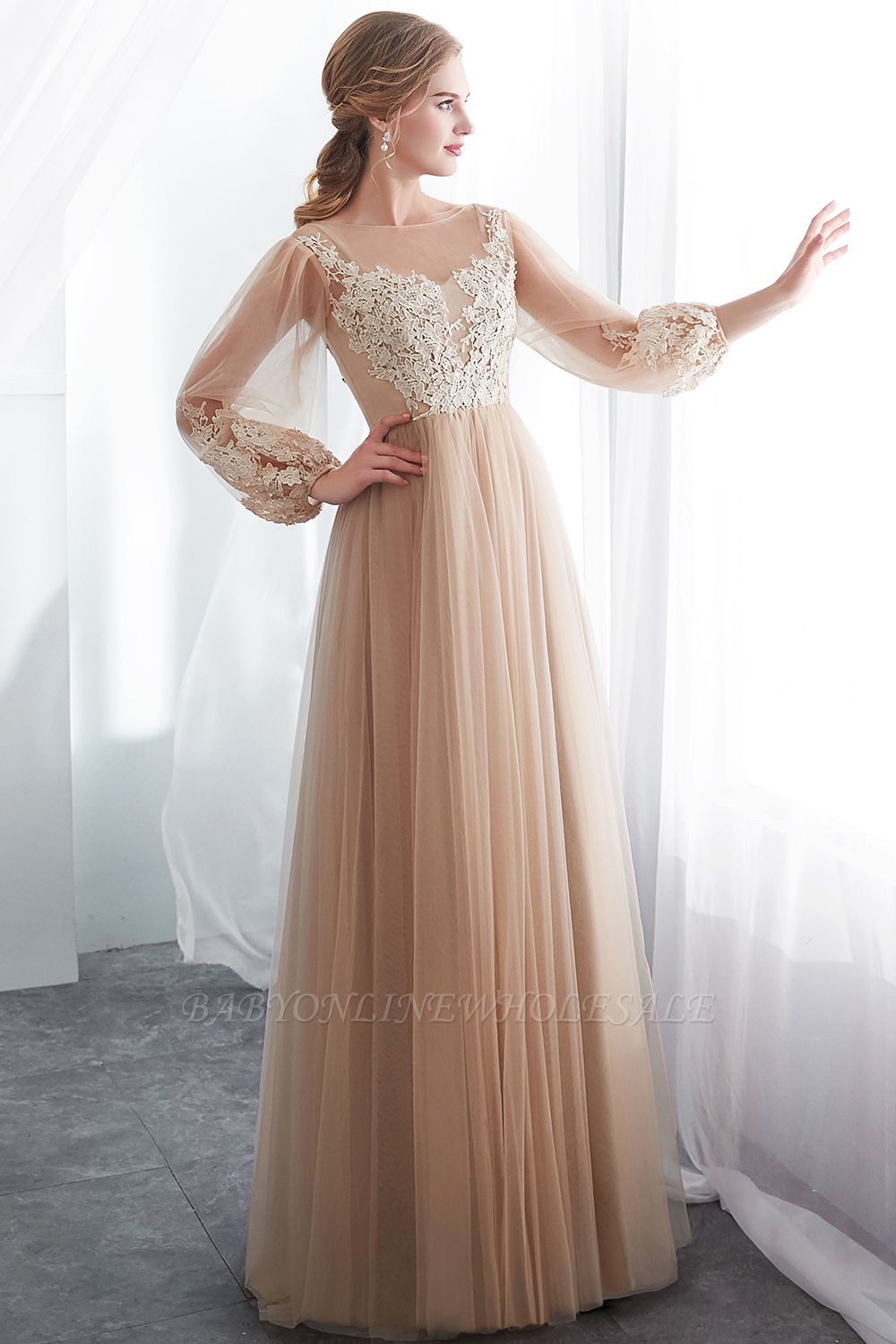 NATALIE | A-line Long Sleeves Appliques Tulle Champagne Evening Dresses