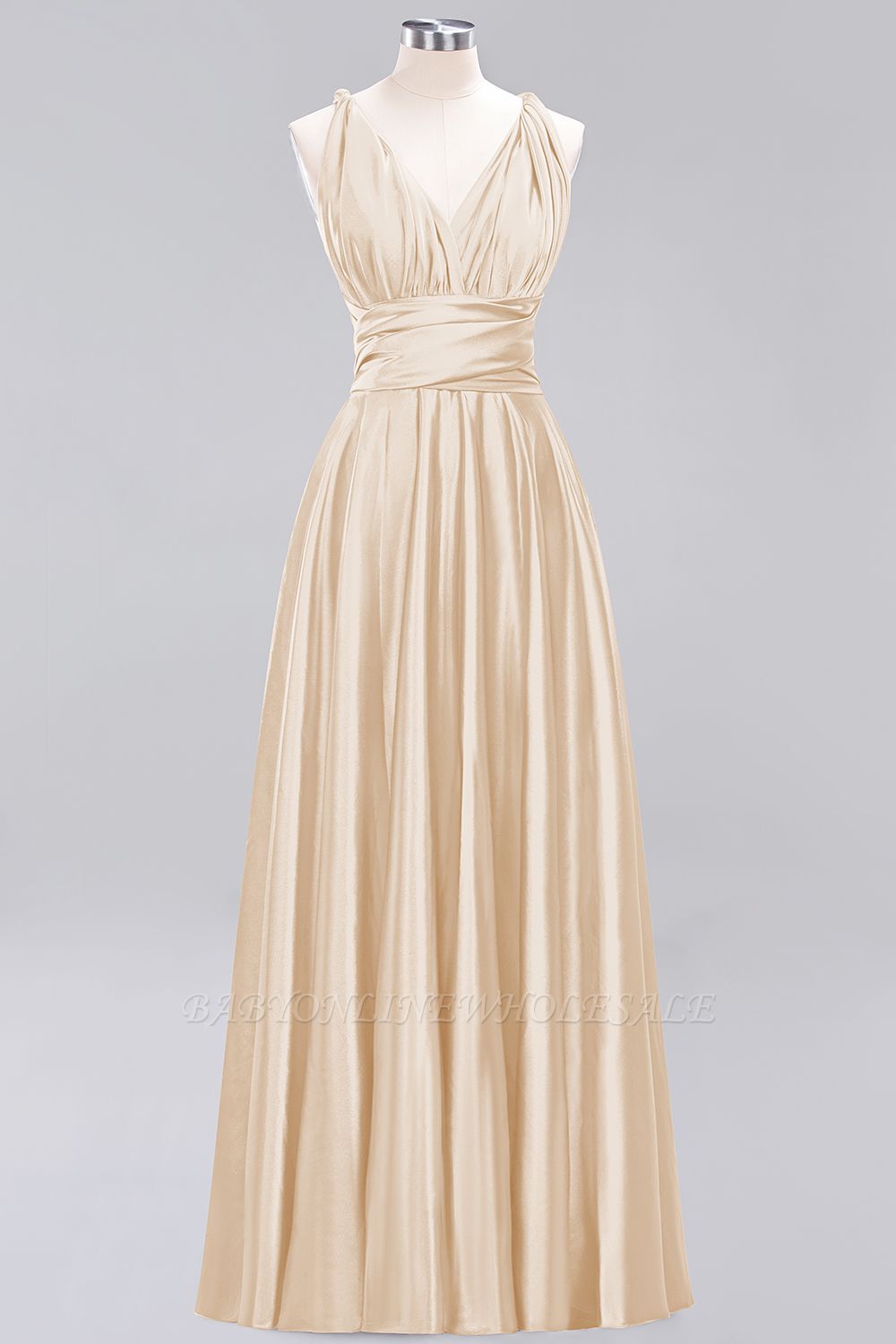 Simple A-Line V-Neck Sleeveless Floor Length Convertible Bridesmaid Dress with Ruffles
