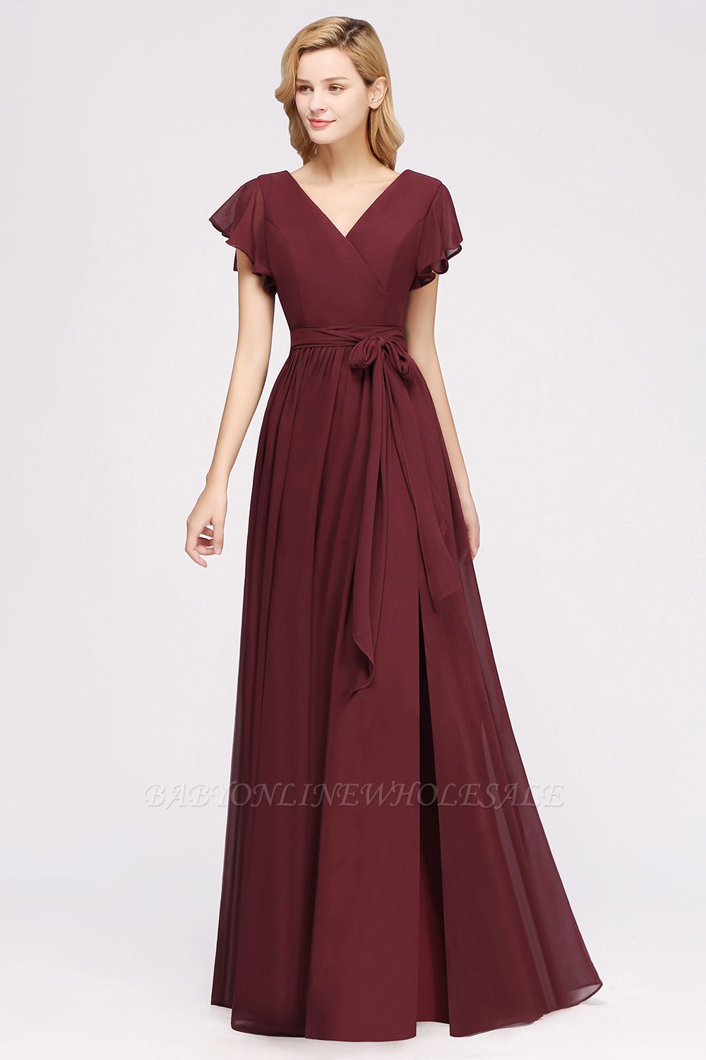 elegant A-line Chiffon V-Neck Short-Sleeves Floor-Length Bridesmaid ...