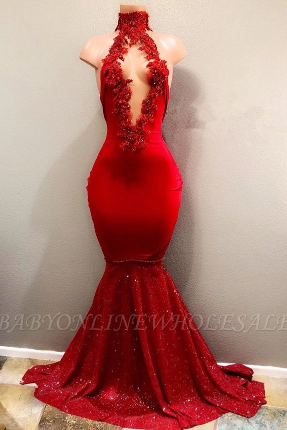 Mais novo Sereia Red Lace High Neck Prom Dress | Vestido de baile vermelho BA8154