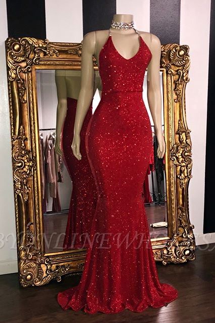 Sexy Sequins Sleeveless Mermaid Prom Dresses | Glitter 2021 Halter Red Evening Gowns