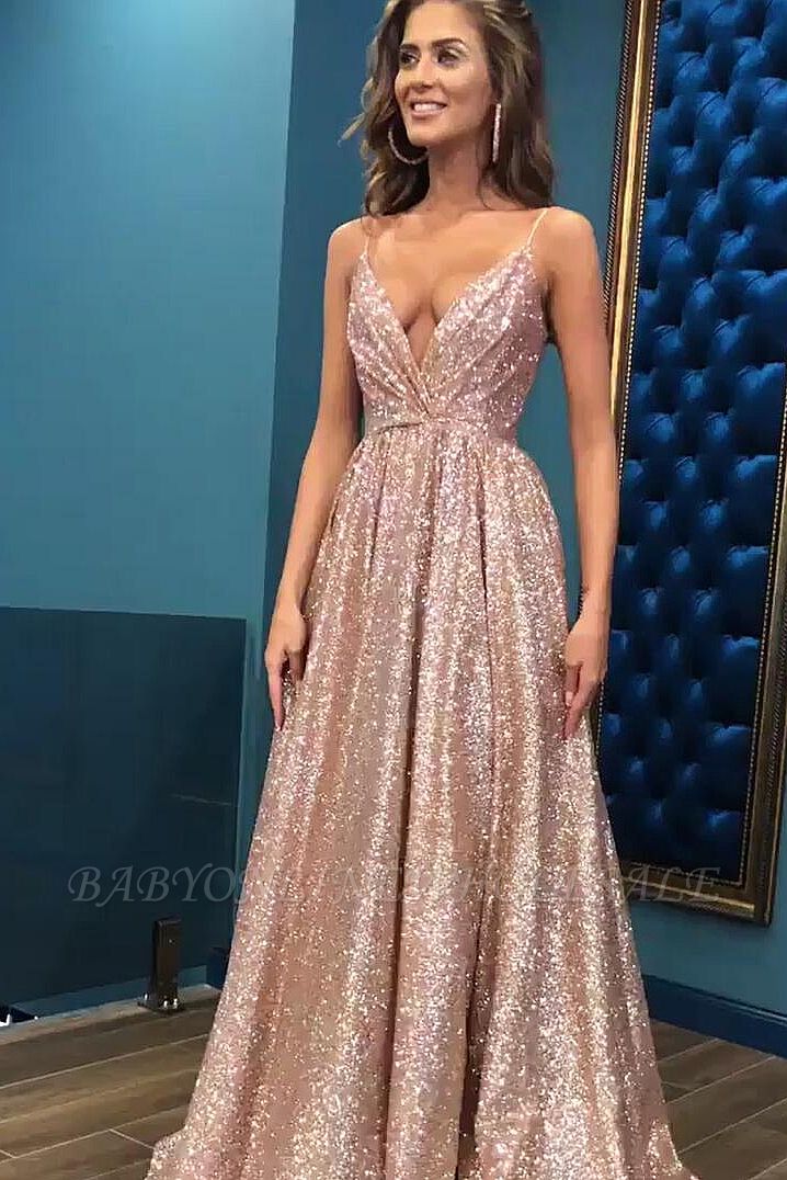 Paillettes sexy simples robes de soirée de bretelles spaghetti | 2021 robe de bal sans manches dos ouvert pas cher