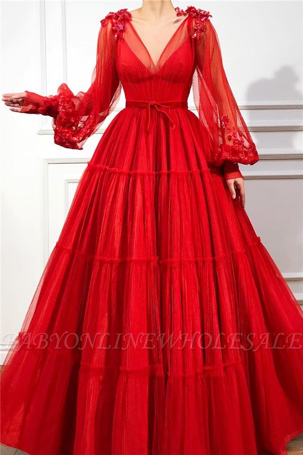 Robe de bal élégante en tulle rouge à manches longues et col en v | Charmante robe de bal appliques perles longue robe de bal