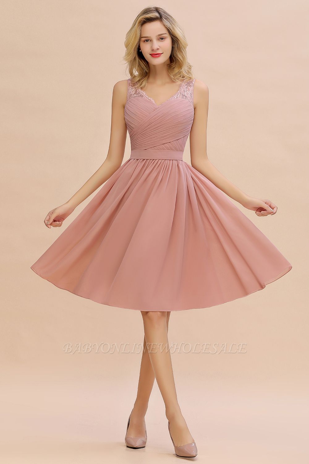 Pink Off-shoulder Puffy Knee Length Formal Dress