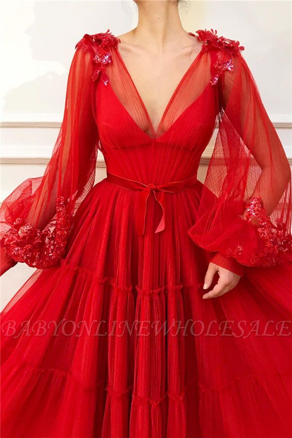 Chic V Neck Long Sleeves Red Tulle Prom Dress Charming Gown Appliques Beading Long Prom Dress | Babyonlinewholesale