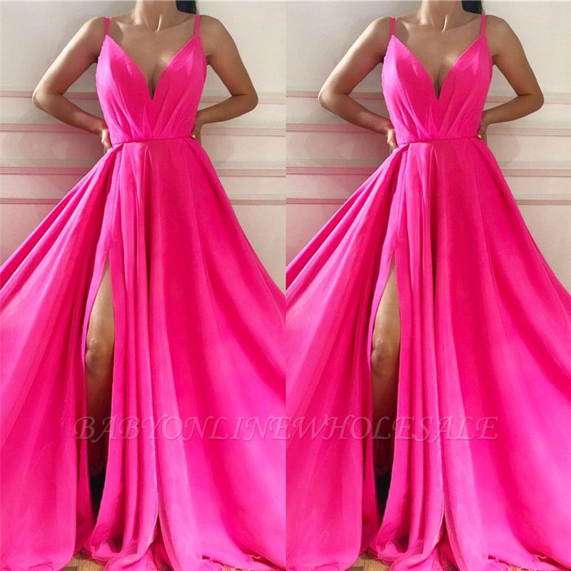 Sexy Spaghetti Straps Sleeveless Long Prom Dress Affordable V Neck Front Slit Long Pink Prom 5220