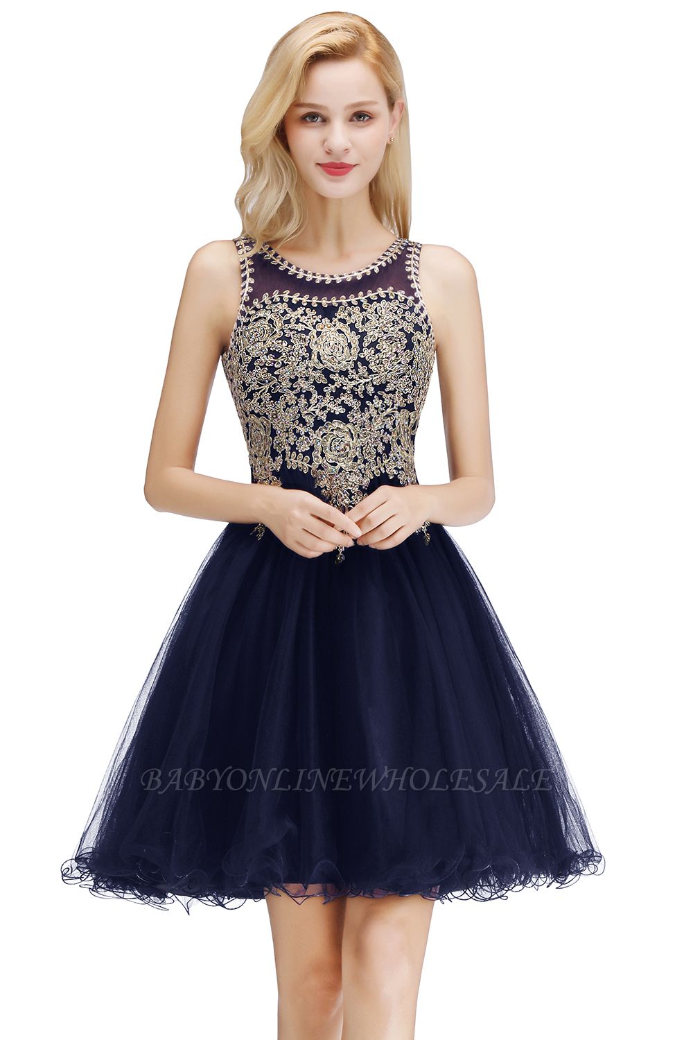 Cute Crew Neck Puffy Homecoming Dresses with Lace Appliques | Beaded Sleeveless Open back Black Teens Dress for Cocktail