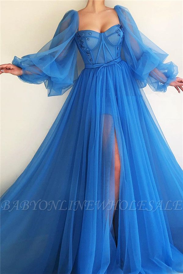Сексуальное платье для выпускного с длинными рукавами и прозрачным лифом | Синее длинное выпускное платье с разрезом спереди