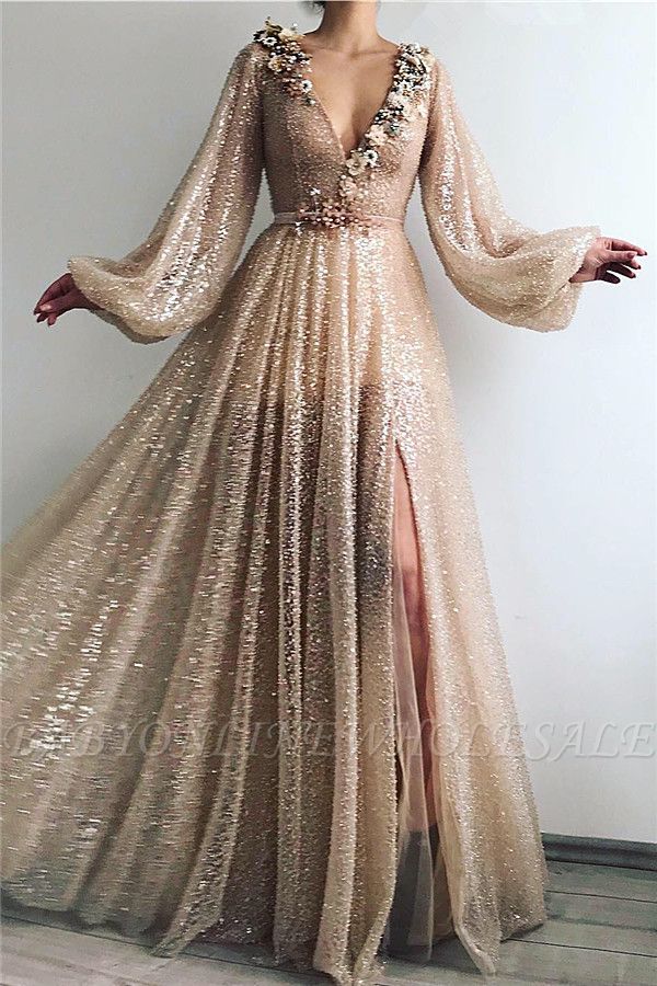 Sparkle Sequins Long Sleeves Prom Dress | Sexy V Neck Front Slit Long Prom Dress