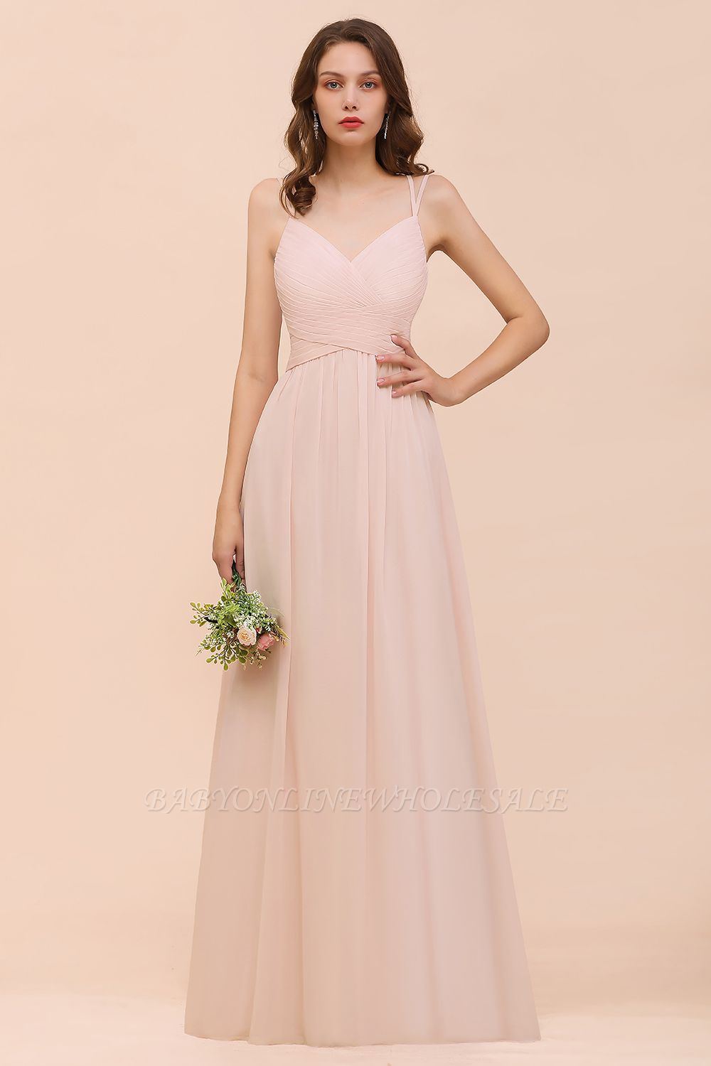 Stylish Pearl Pink V-Neck Bridesmaid Dress Chiffon Aline Evening Maxi Dress