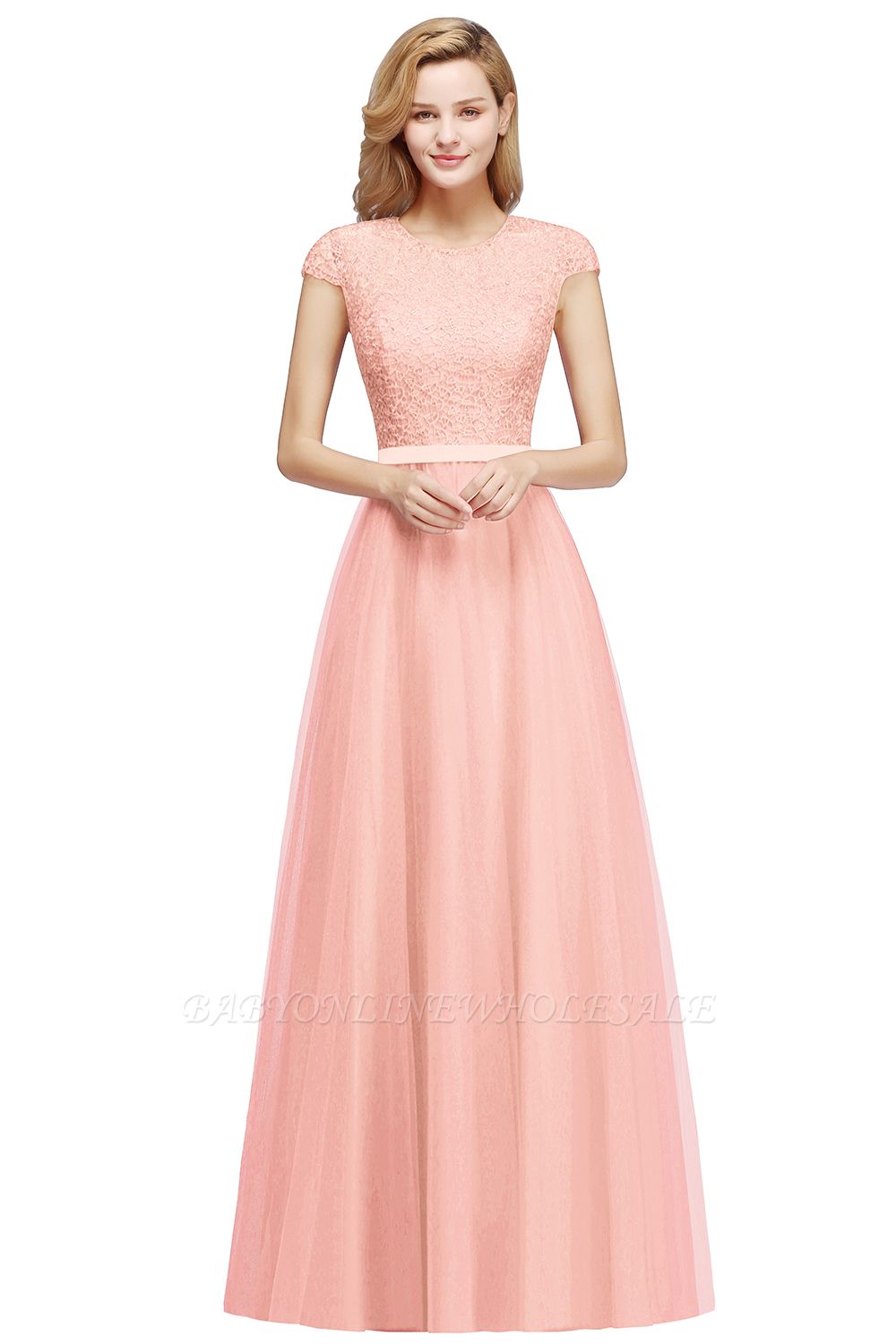 Elegant Lace Top Cap Sleeves Long Tulle Bridesmaid Dresses