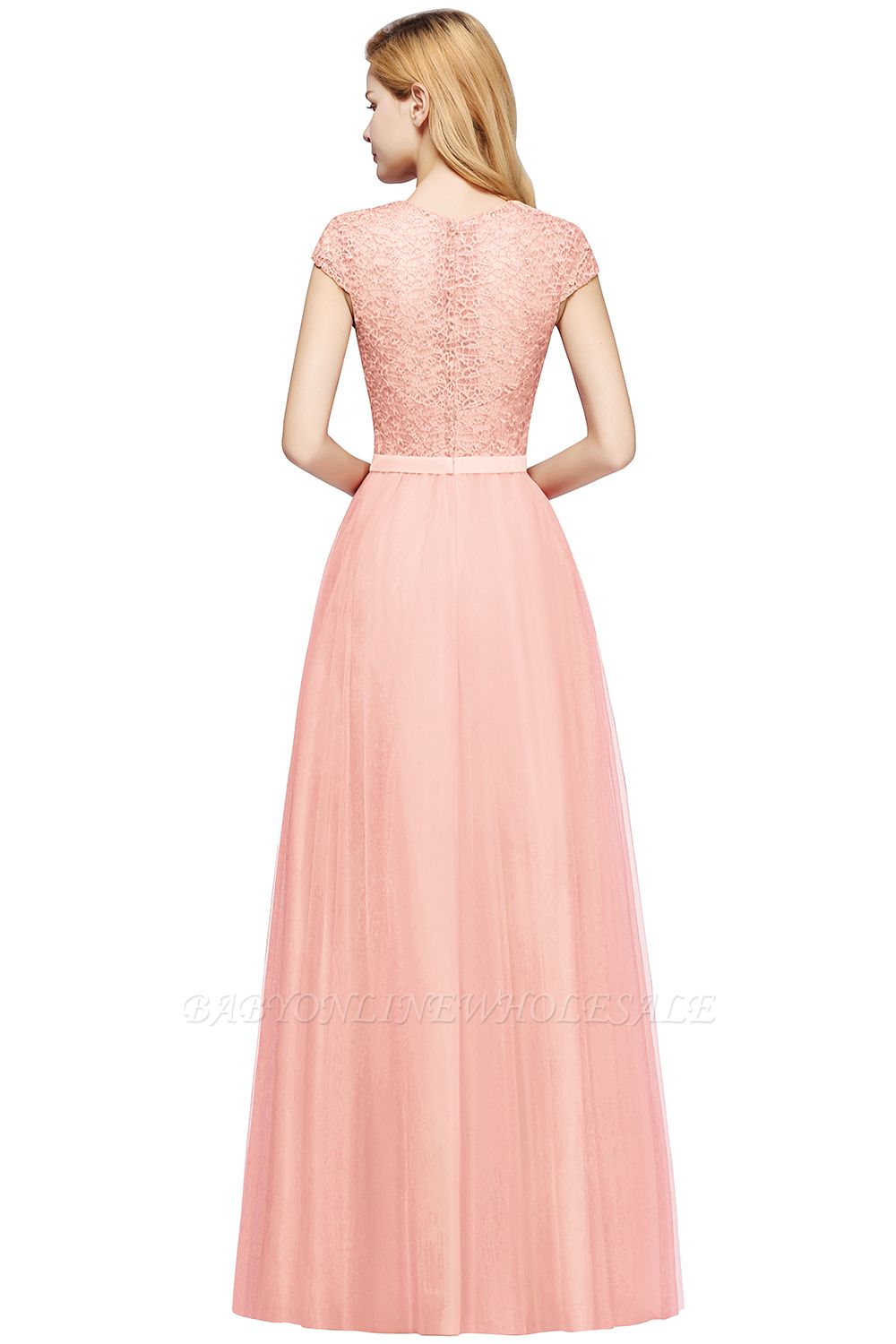 Elegant Lace Top Cap Sleeves Long Tulle Bridesmaid Dresses ...
