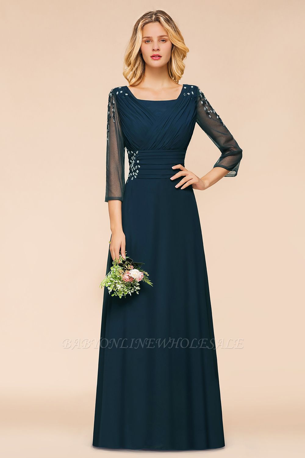 3/4 Sleeves Aline Long Bridesmaid Dress Rhinestone Floor Length evening Dress