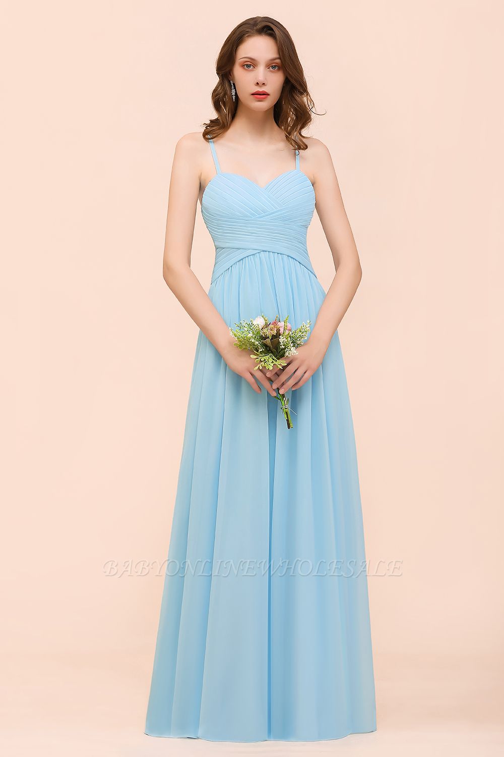 Sky Blue Sweetheart Chiffon Long Bridesmaid Dress Aline Wedding Party Dress with Straps