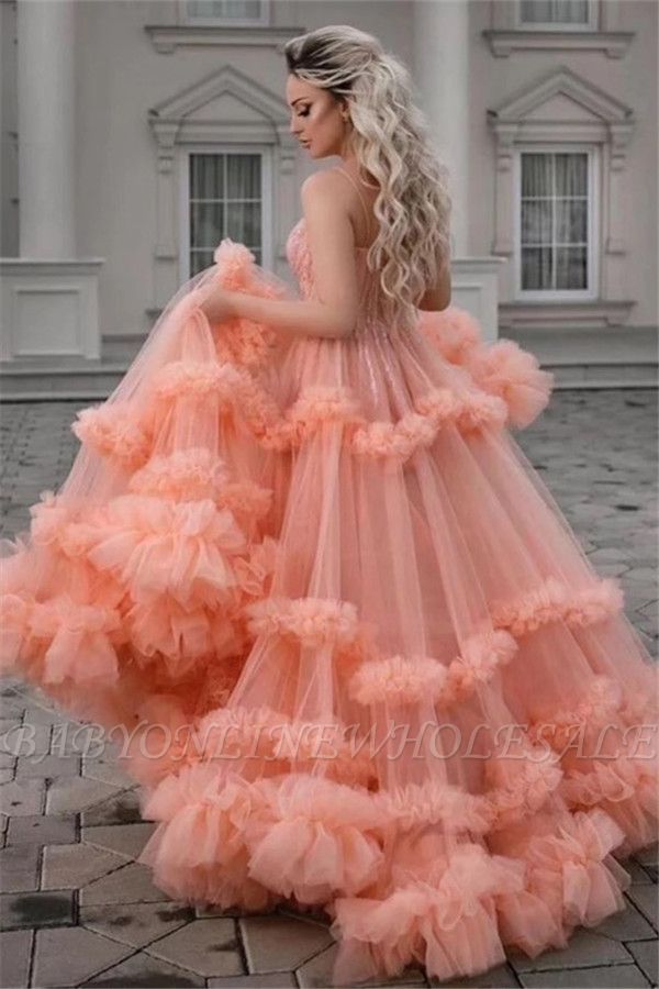 Sexy Spaghetti Straps Coral Evening Gowns | Stylish Sleeveless Tulle Ruffles Long Prom Dresses for Juniors