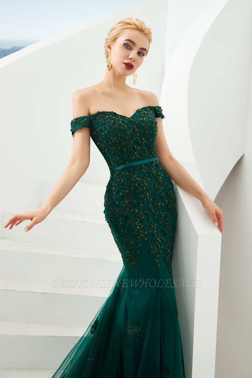 Harvey | Emerald green Mermaid Tulle Prom dress with Beaded Lace ...