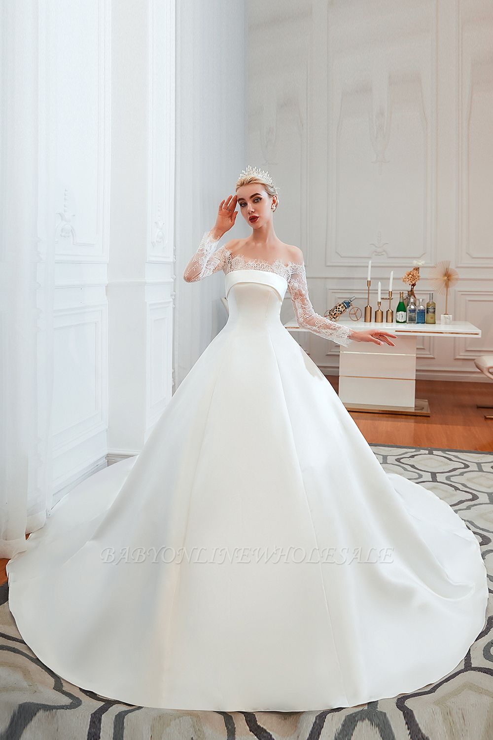 Романтическое кружевное атласное свадебное платье принцессы с длинными рукавами | Свадебные платья принцесс с соборным шлейфом