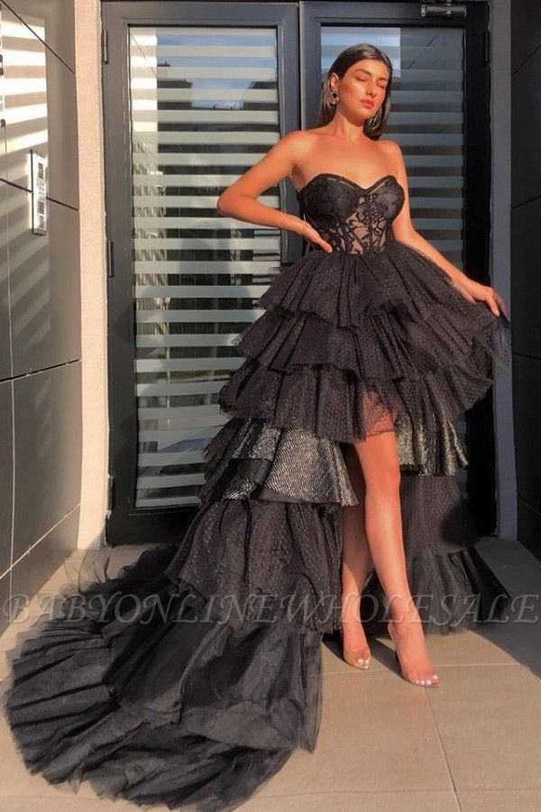 Querida Strapless individualista Sheer Hi-Lo Tulle Prom Dresses | Vestidos de Noite Sexy
