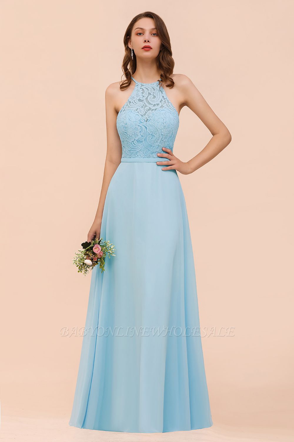 Sky Blue Halter Hollow Lace Wedding Guest Dress Sleeveless Party Wear Dress