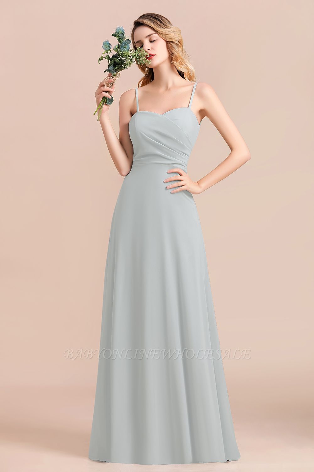 Spaghetti-Trägern Schatz Hochzeitsgast Kleid Silber Chiffon Formales Kleid