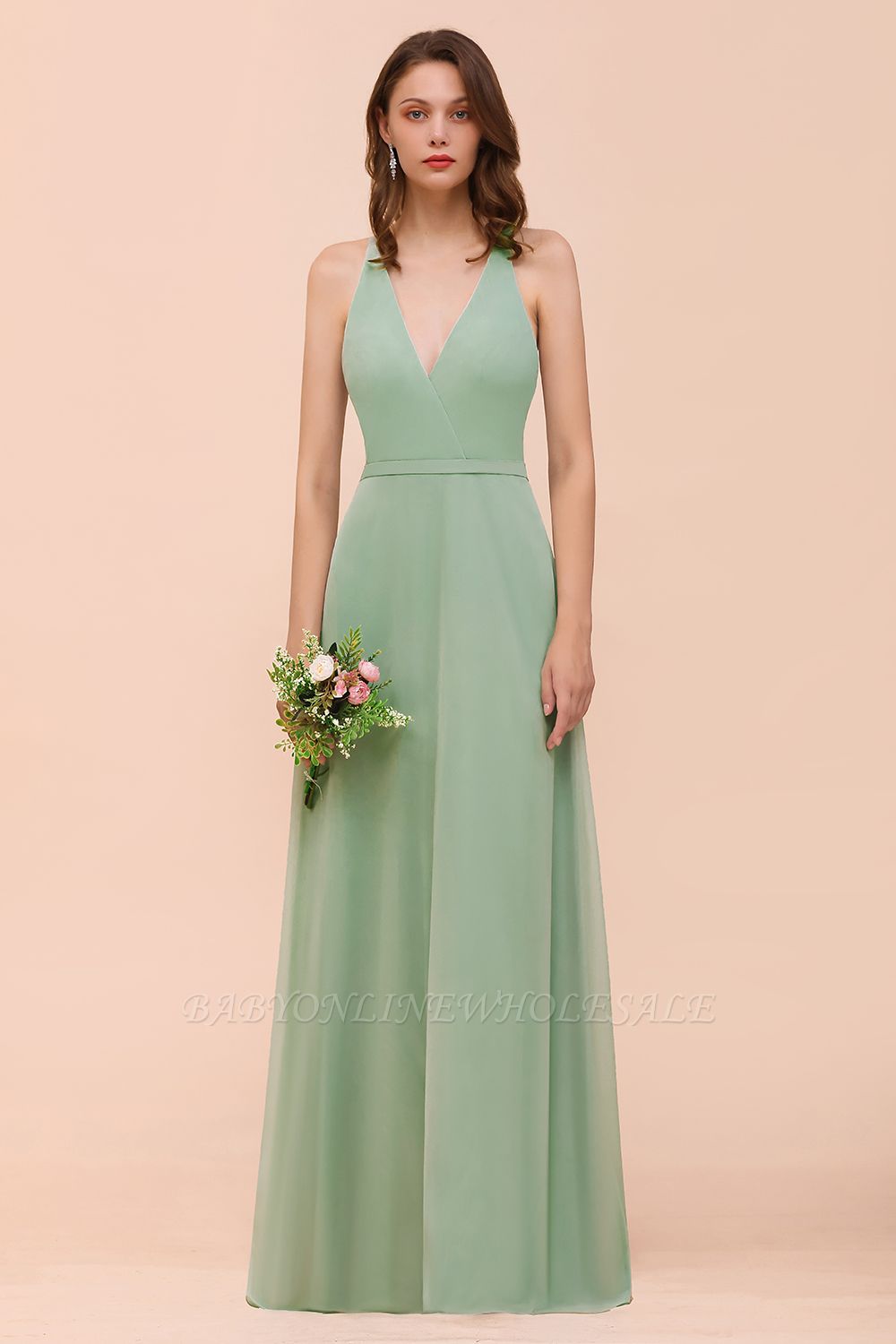 Mint Green V-Neck Sleeveless Bridesmaid Dress Aline Formal  Dress