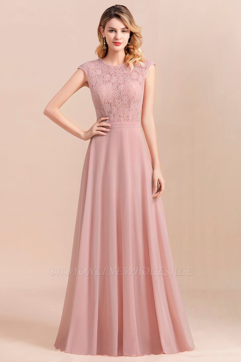 Elegant Dusty Pink Soft Lace Chiffon Evening Dress Sleveless Aline Bridesmaid Dress