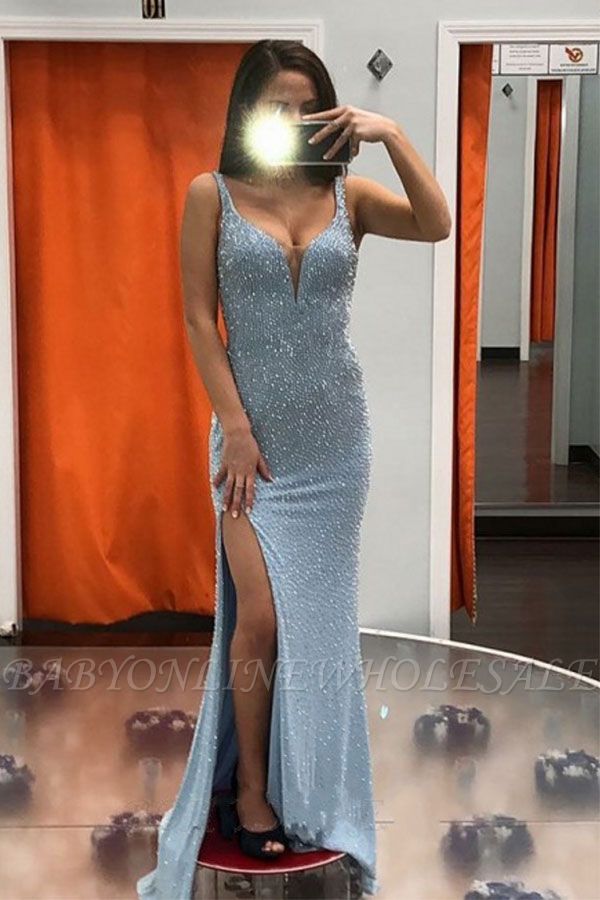 Элегантные светло-голубые с высоким разрезом блестками из бисера Дешевые платья выпускного вечера онлайн