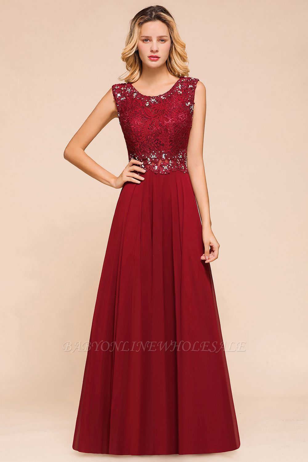 Arla | Trendy Round neck Beaded Burgundy Lace Bridesmaid Dress with Belt