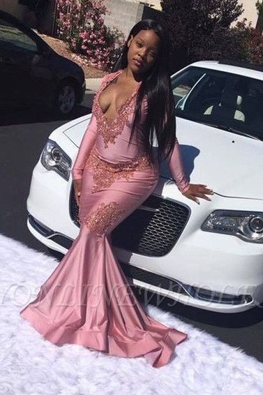 Pink Mermaid Long Sleeves V-neck Floor Length Prom Dresses