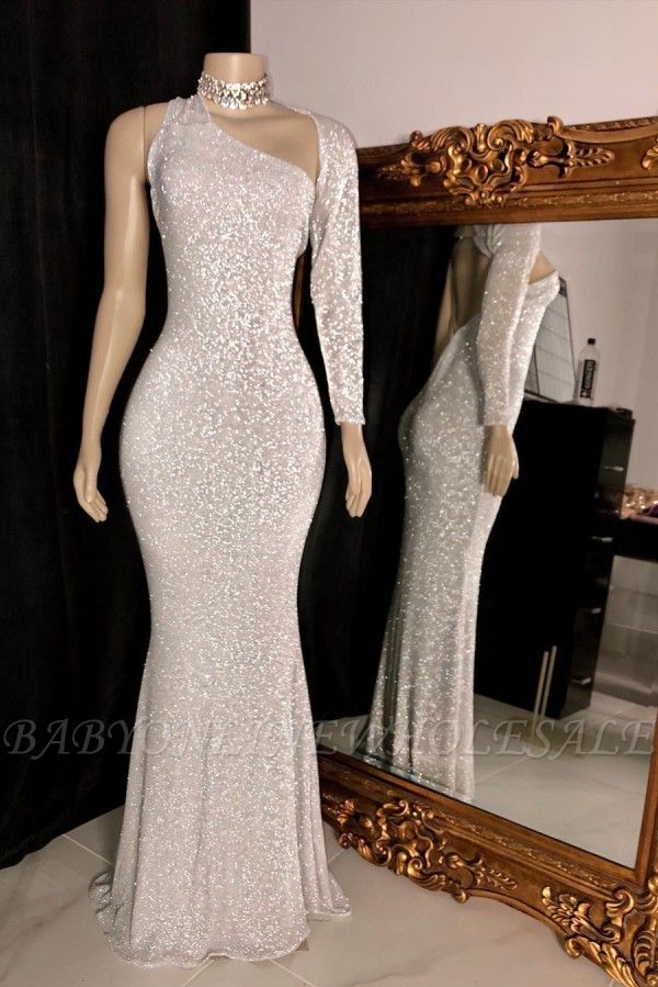 One-shoulder Long Sleeve Silver Sequins Mermaid Prom Gowns