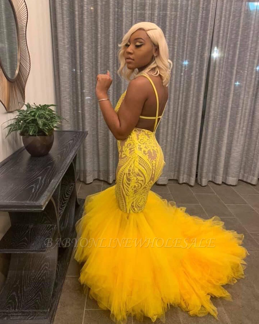 Yellow Mermaid Lace Puffy Tulle Open back Long Prom Dress ...