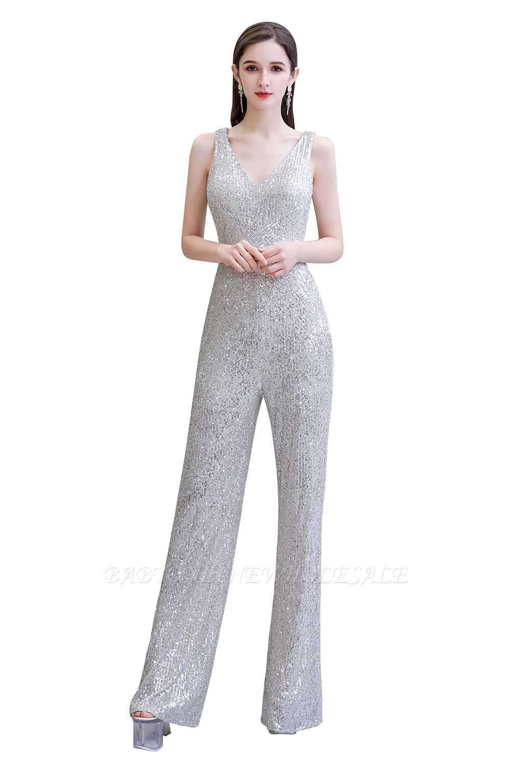 Sexy Shining V-neck Silver Sequin Sleeveless Prom Jumpsuit ...