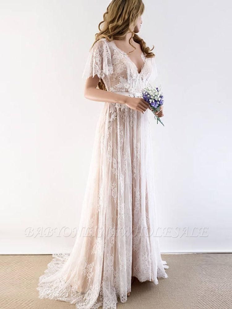 الدانتيل فريد نصف الأكمام فستان الزفاف بوهو | شيك فساتين زفاف بيتش الصيف