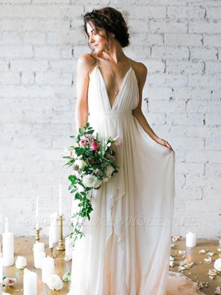 Spaghetti Straps V-neck A-line Wedding Dresses | Sexy Backless Floor Length Bridal Gowns
