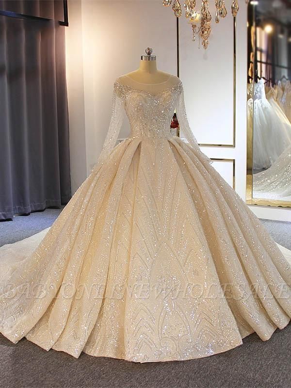 Magnifiques paillettes brillantes robes de mariée en tulle transparent | Perles à manches longues robe de bal robes de mariée en ligne