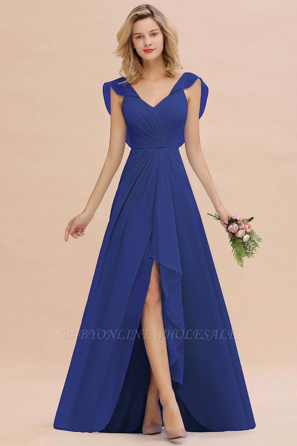 Schlichte Blau Brautjungfernkleider Lang | V-Ausschnitt Brautjungfer Kleider