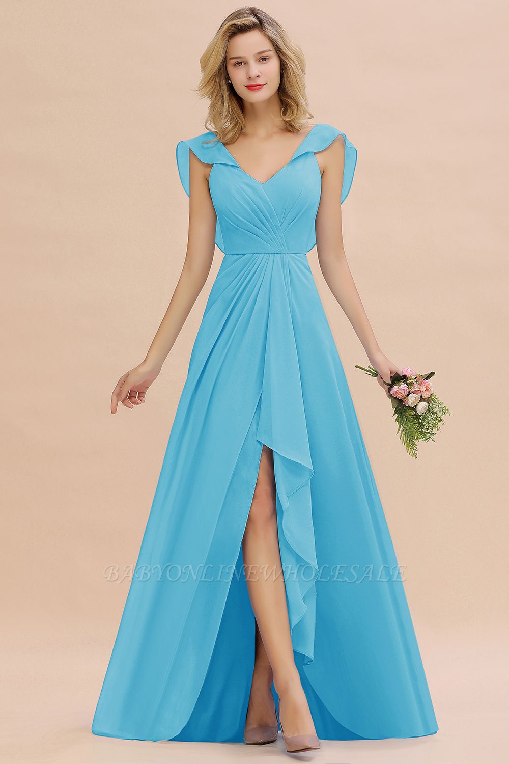Schlichte Blau Brautjungfernkleider Lang | V-Ausschnitt Brautjungfer Kleider