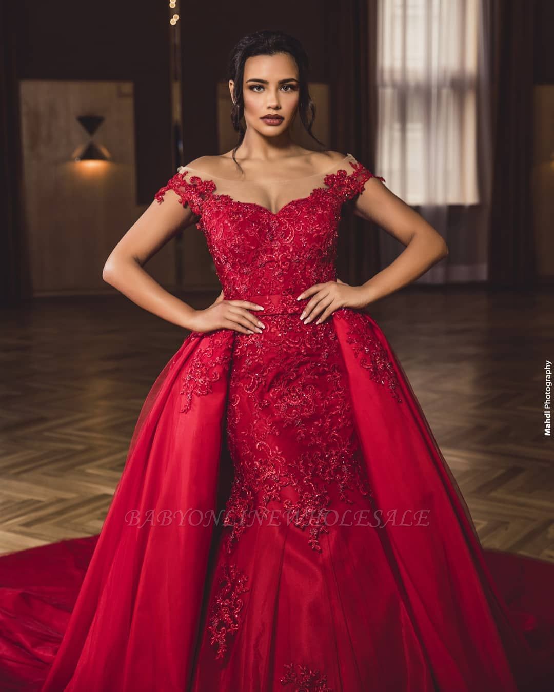 Charming Red Off Shoulder Lace Appliques Mermaid Prom Gown with ...