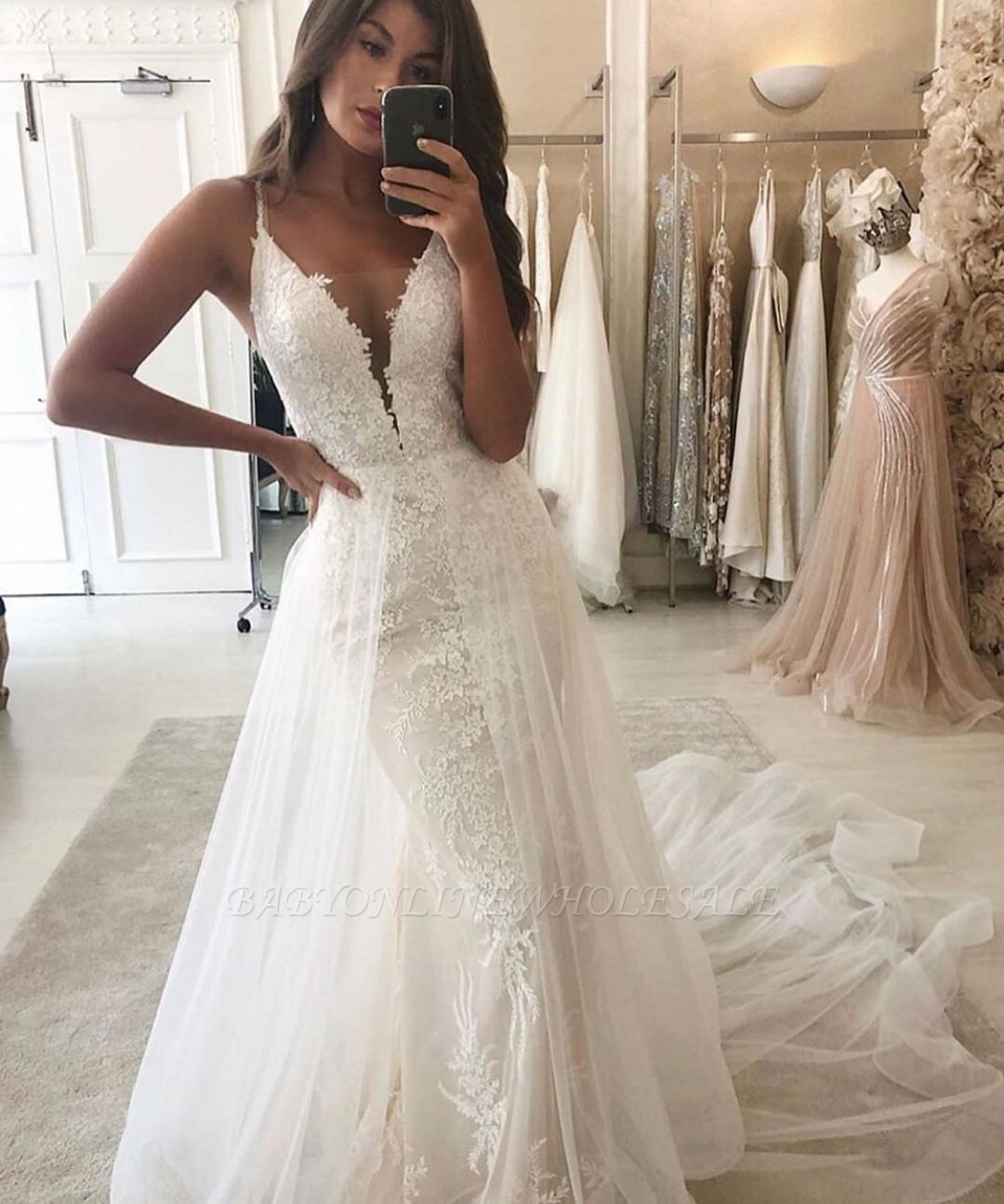 Mermaid Lace Bridal Gown Wholesale Removable Straps Wedding Dress