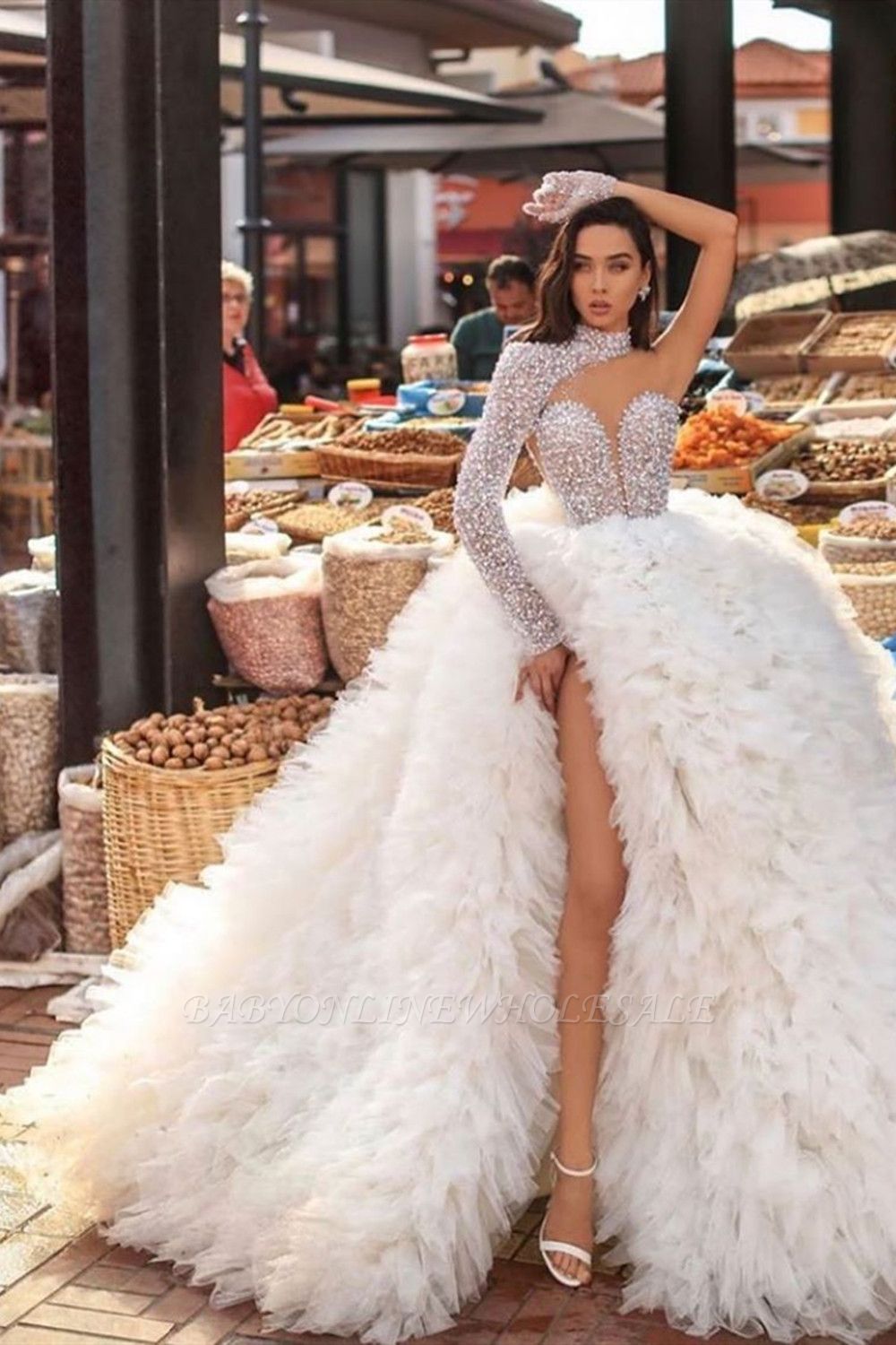 Sexy One Shoulder Feather Splitfront Hochzeitsfeier Kleid Glitter Pailletten