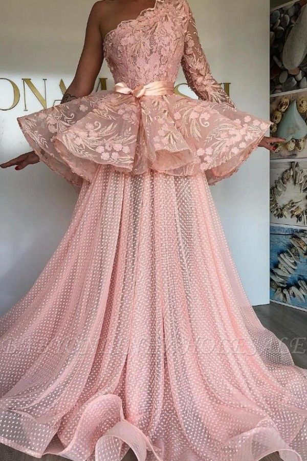 Stunning One Shoulder Tulle Pink Evening Prom Dress with Floral Lace