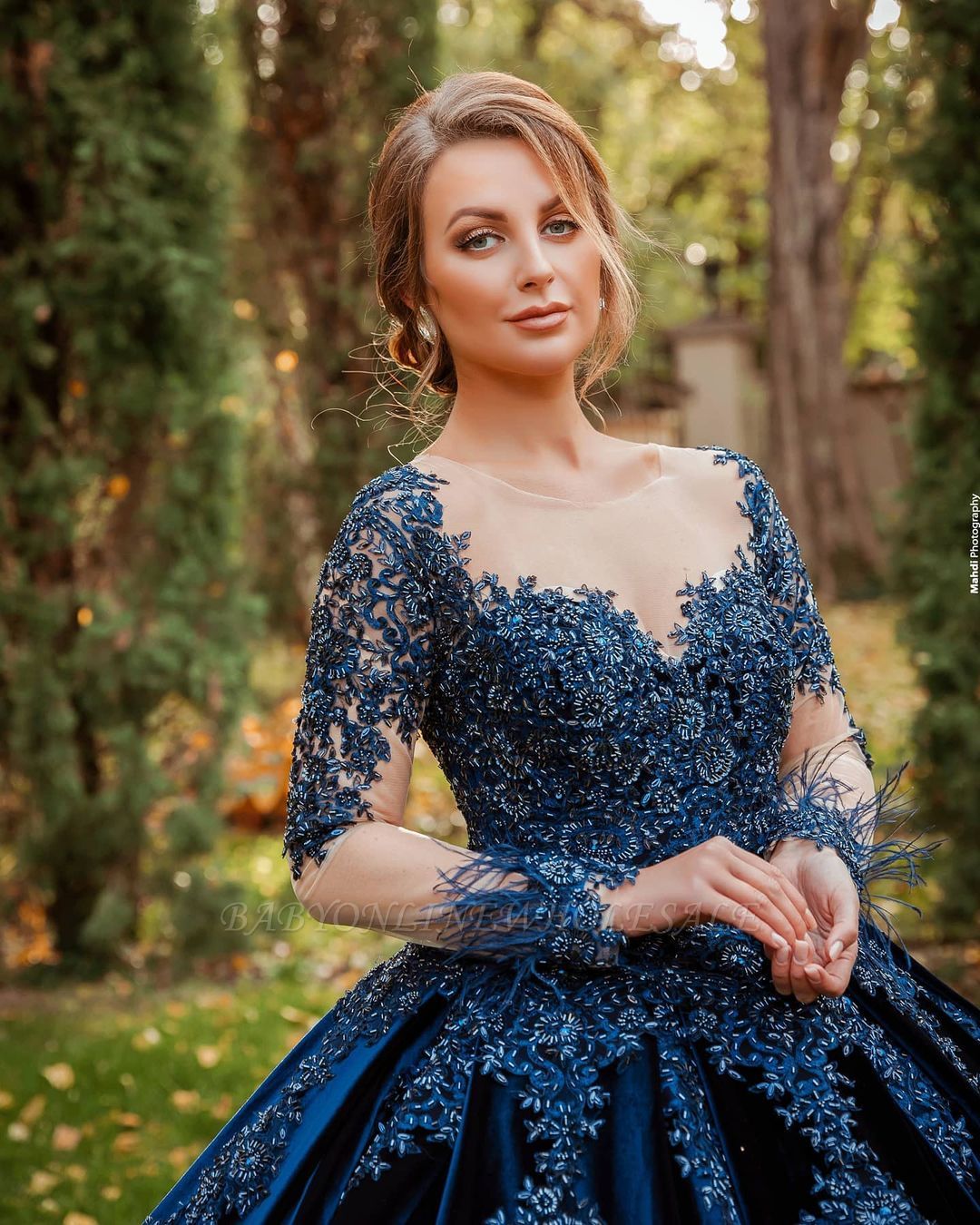 Gorgeous Long Sleeves Velvet Ball Gown with 3D Floral Appliques ...