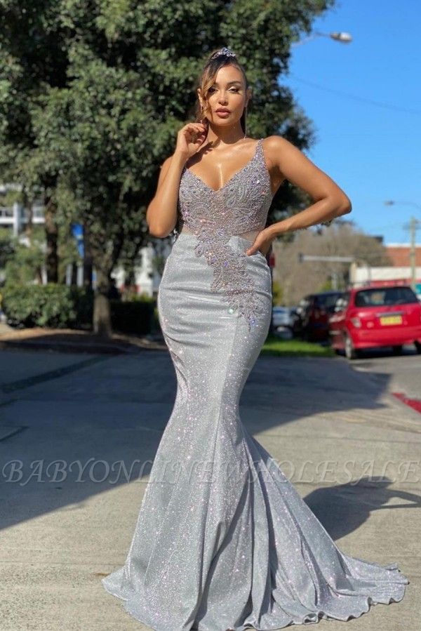 Sexy V-Neck Shinny Sequins Slim Mermaid Evening Dress with Lace Appliques