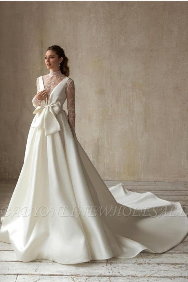 Elegant Deep V-Neck Satin Wedding Dress with Sweep Train Long Sleeves BowTie Aline Bridal Dress