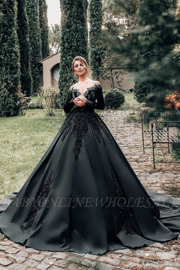 Gorgeous Black Long Sleeves A-line Wedding Dress Lace Appliques