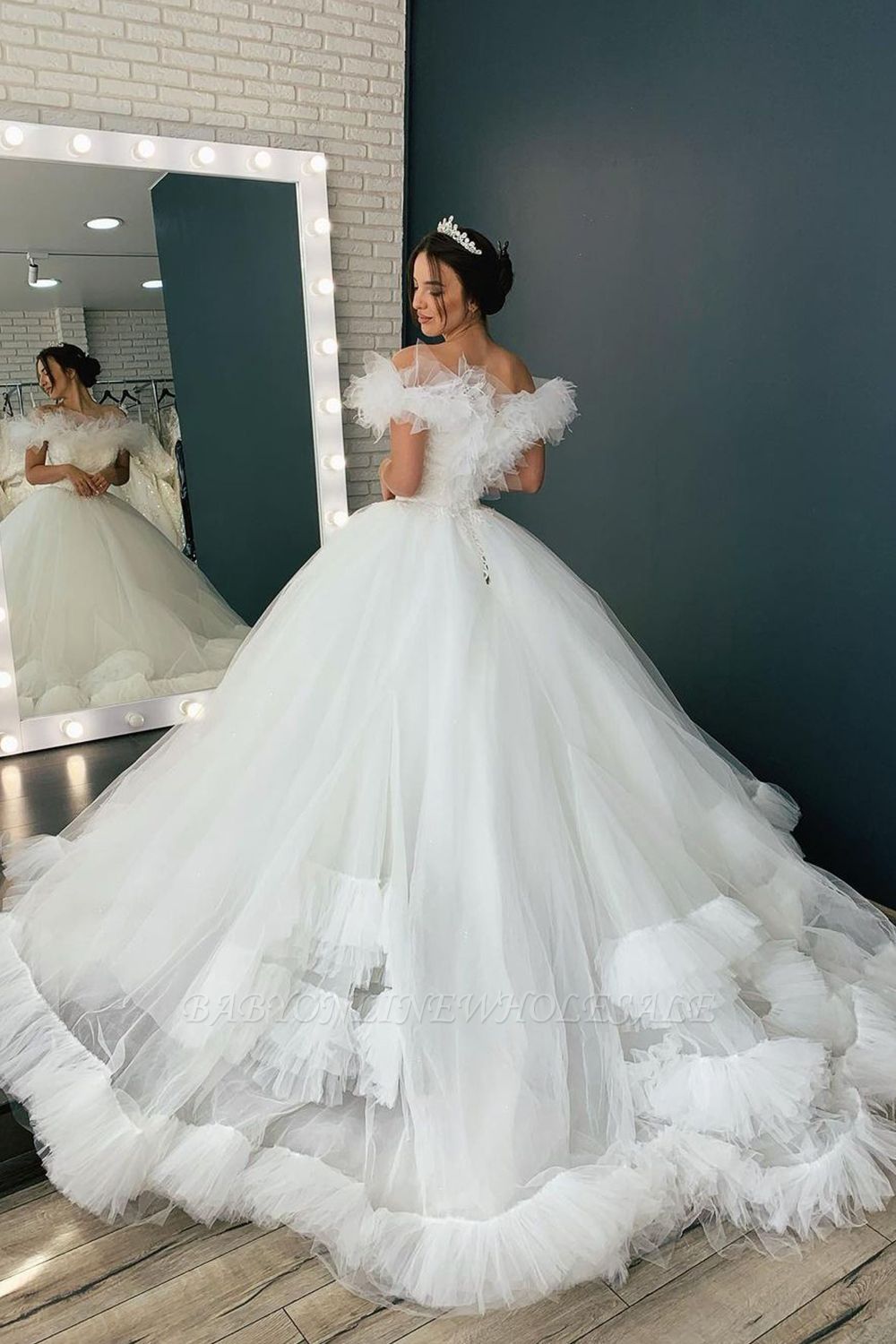 White/Ivory Off the Shoulder Puffy Tulle Lace Ball Gown Princess Bridal ...
