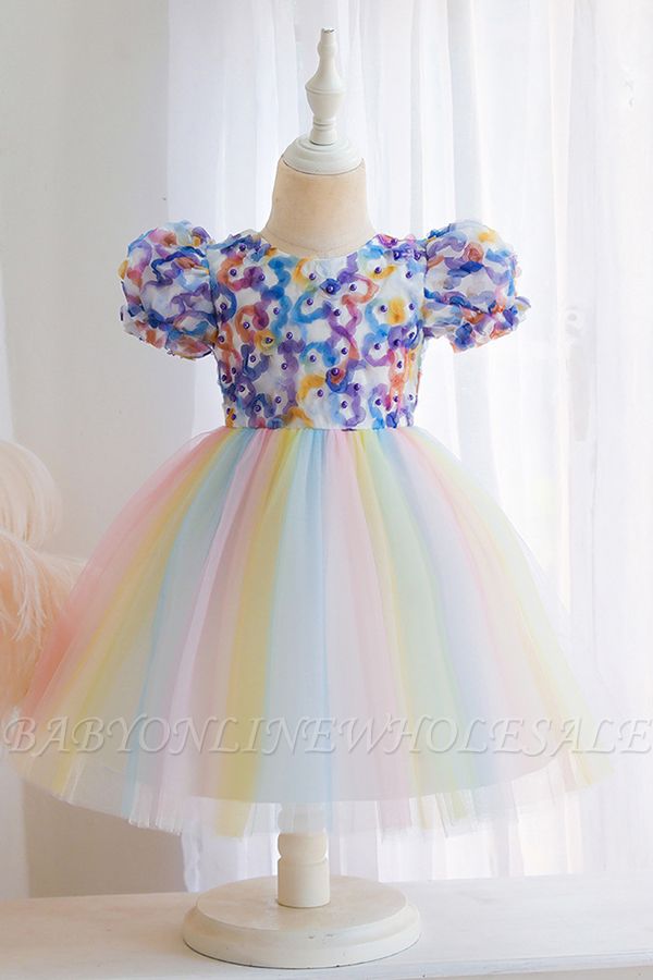 Rainbow bubble cap sleeves pricess sparkle flower girl dress